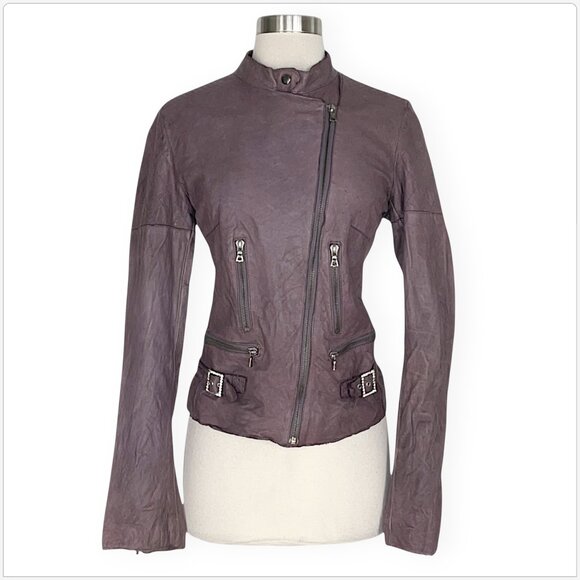 Resurrected 100% Leather Mauve Purple Gray Moto Jacket Rhinestone Trim Size L - Picture 2 of 8